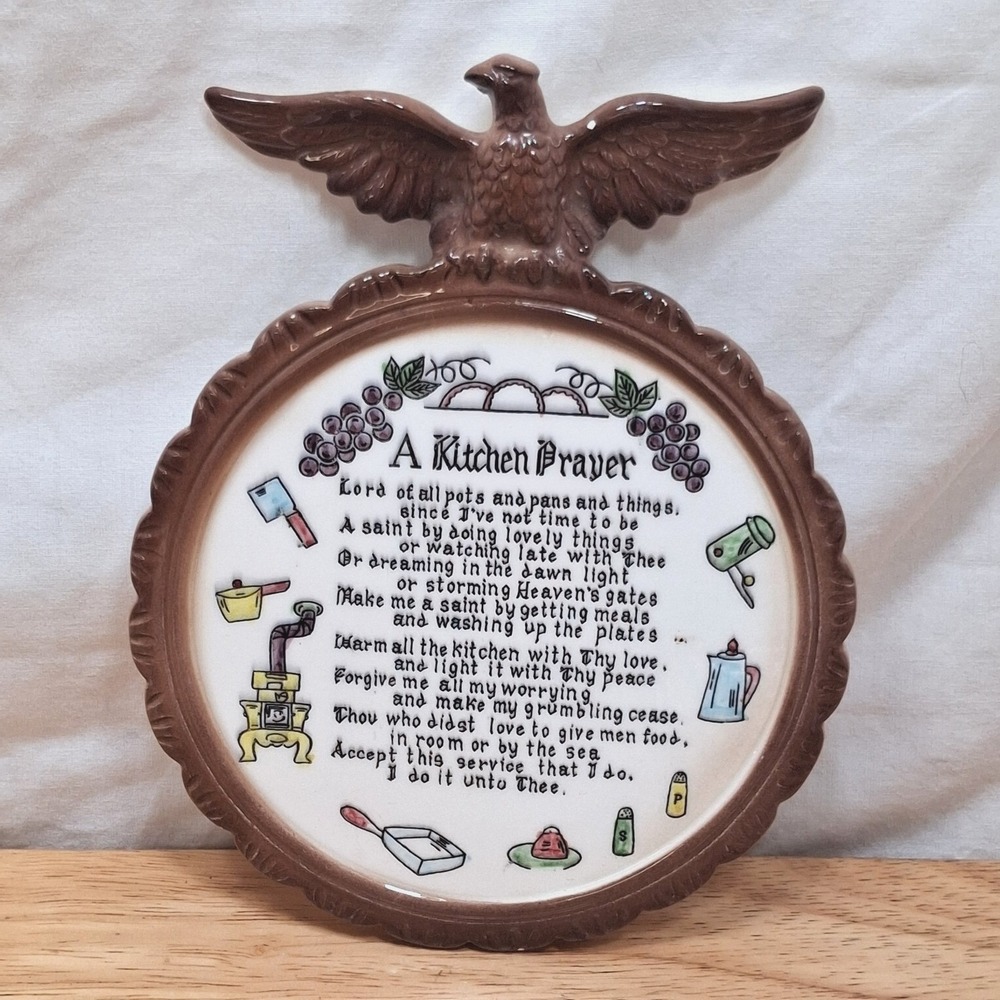Vintage Enesco Kitchen Trivet or Wall Plaque White/Brown Eagle Ceramic Granny